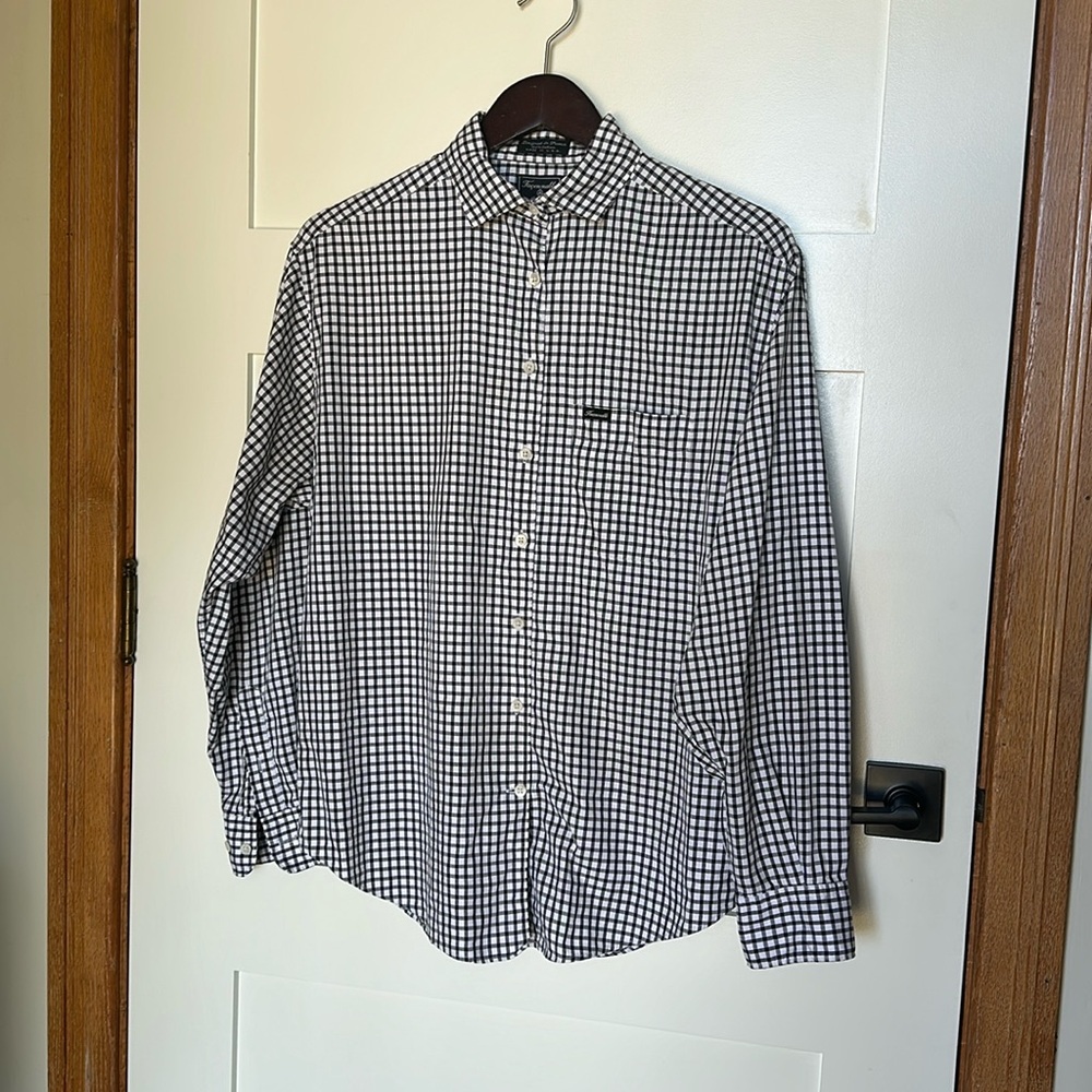 Façonnable Women’s Plaid Collared Dress Shirt in White & Black Size Medium